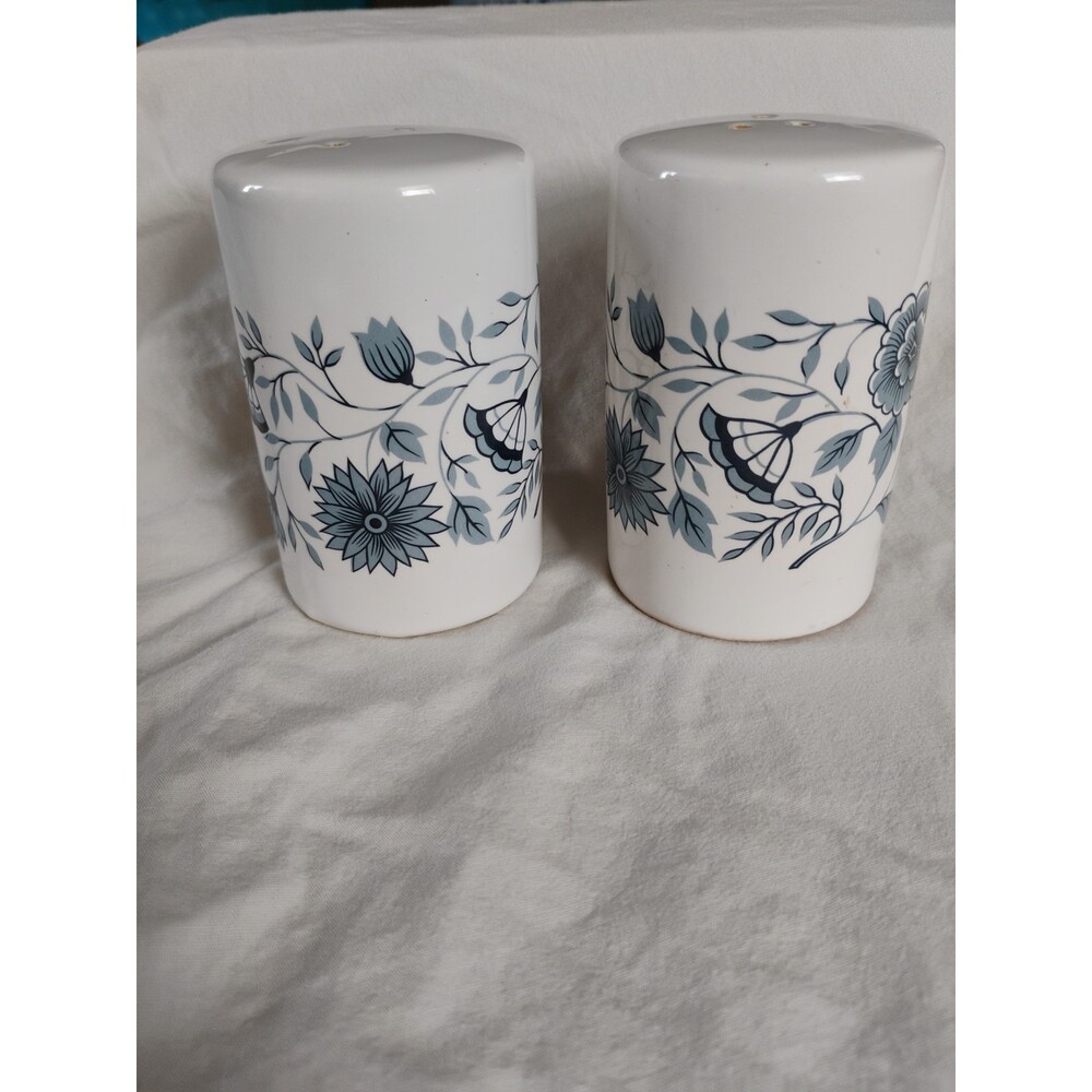 Vintage White And Blue Floral Ceramic Salt And Pepper Shakers Cylindrical